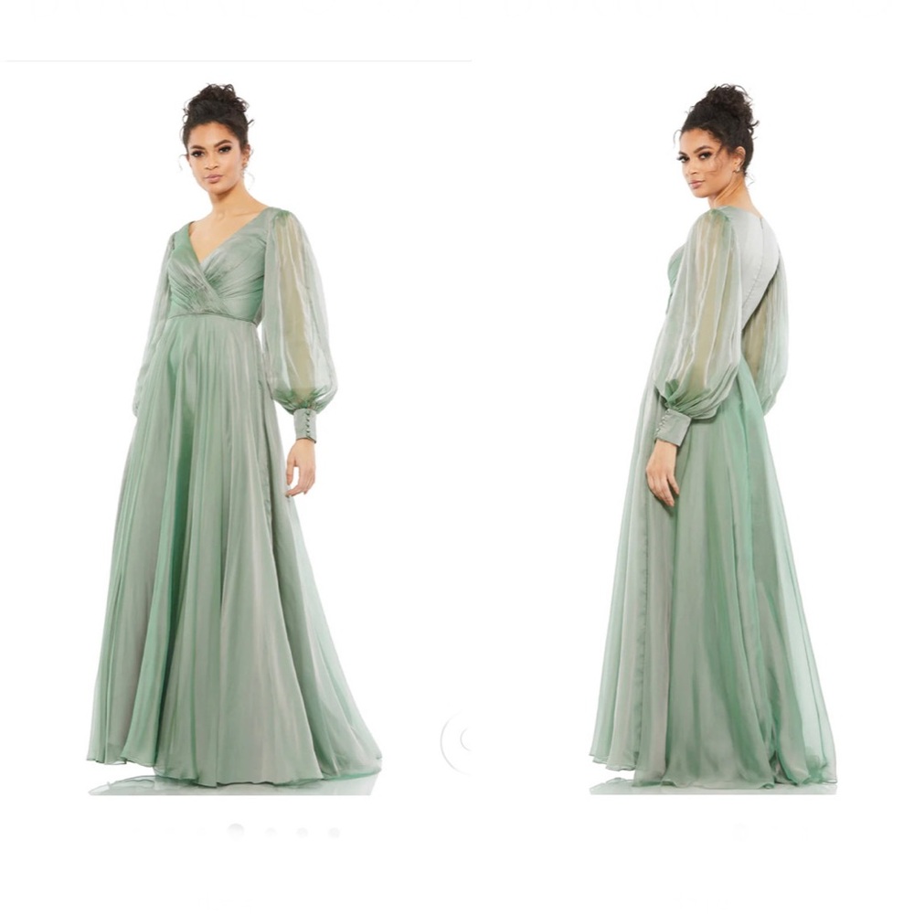 Mac Duggal SHEER BLOUSON SLEEVE SURPLICE GOWN Sage 67873